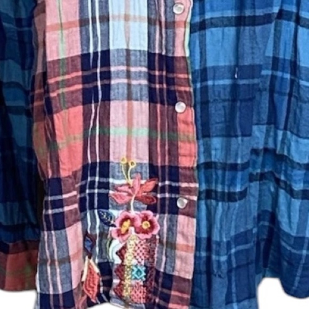 Johnny Was Pink and Blue Plaid Embroidered Eliona snap Button-Up Top - Picture 11 of 16